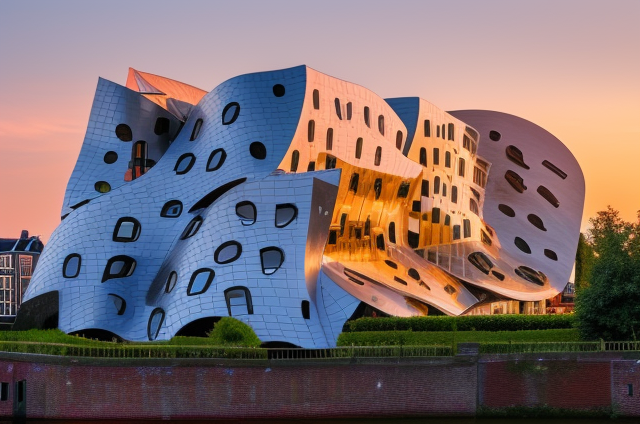 Building, designed by Frank Gehry, Modern Architecture, at sunset, in Amsterdam, designed by Gaudi