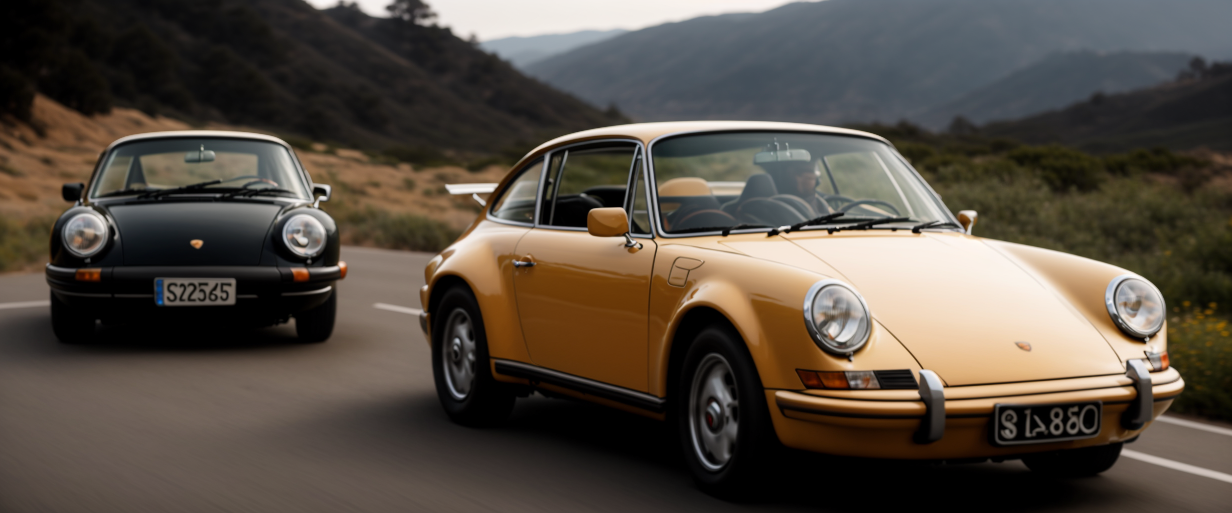 Vintage Porsche, car chase in california, cliffs, motion blur, action shot, 70s, retro movie, warm tones, soft light