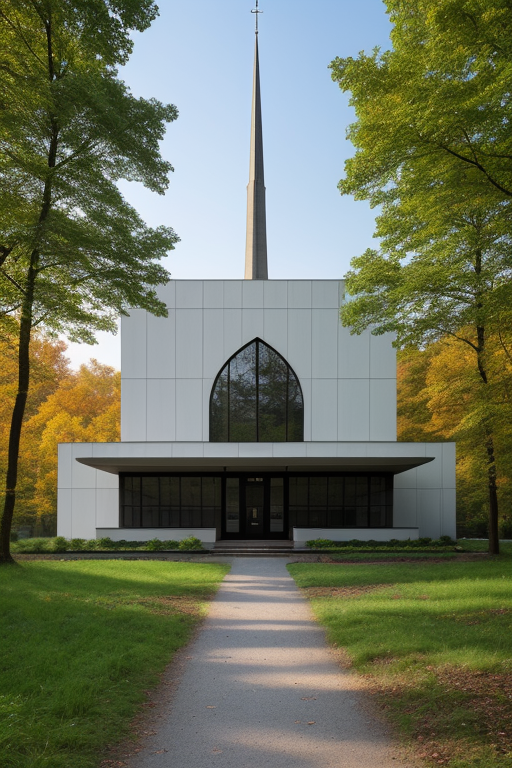Church, Mosque, designed by Mies Van der Rohe, Post-Modern Architecture, in the morning, in the forest