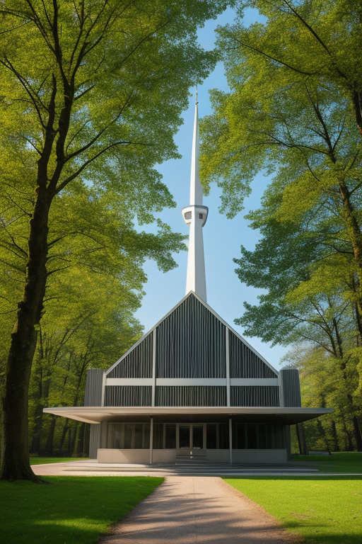 Church, Mosque, designed by Mies Van der Rohe, Post-Modern Architecture, in the morning, in the forest