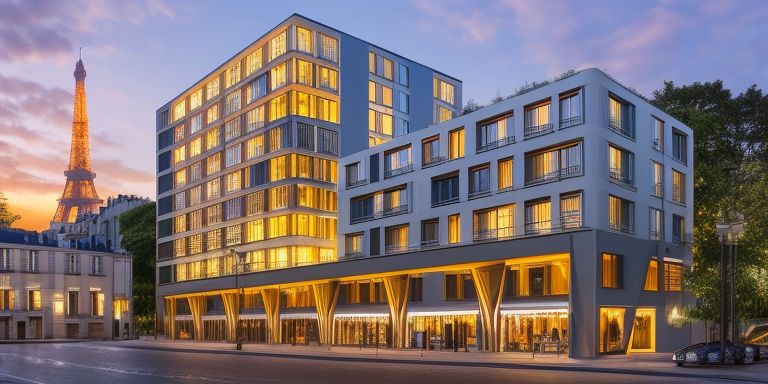 Hotel, sunset, in Paris, Art Nouveau Architecture, designed by Oscar Niemeyer, night time, designed by Richard Rogers