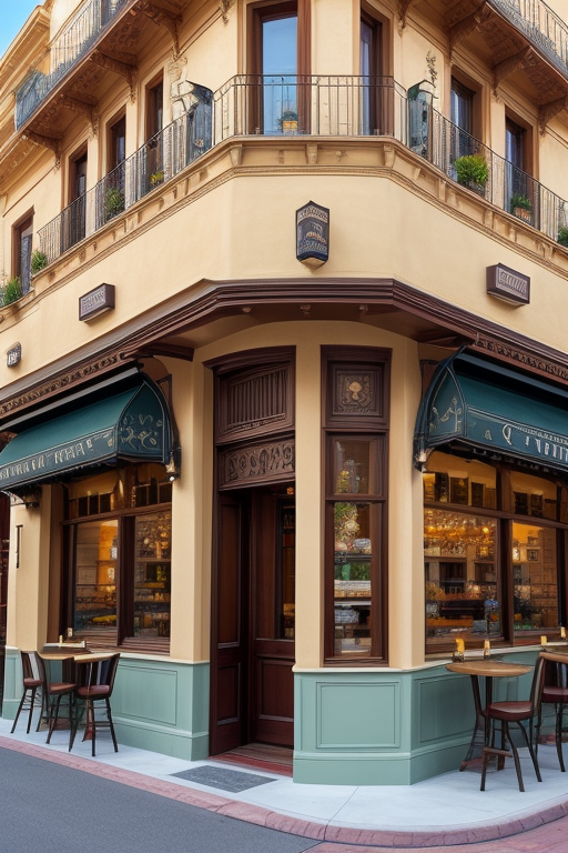 combination between spanish revival architecture and victorian architecture corner cafe, ultra hd, detailed, complete, in the morning