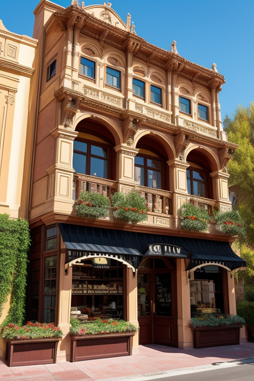 combination between spanish revival architecture and victorian architecture corner cafe, ultra hd, detailed, complete, in the morning