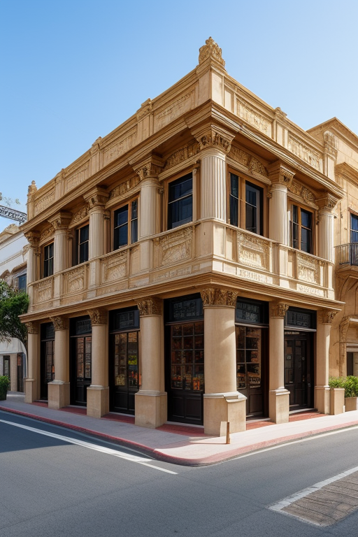 a combination between traditional latin american architecture and stripped classicism corner cafe, ultra hd, detailed, complete building