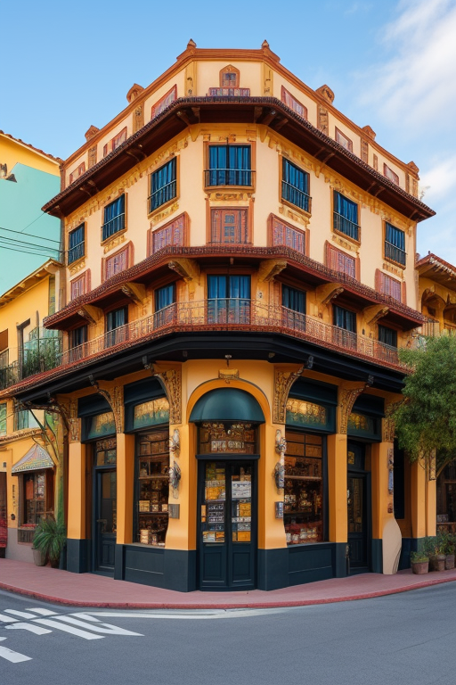 a combination between traditional latin american architecture and spanish revival corner cafe, ultra hd, detailed, complete building