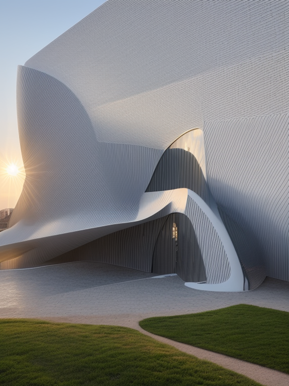 Building, designed by Alvar Aalto, Modern Architecture, at sunset, in Barcelona