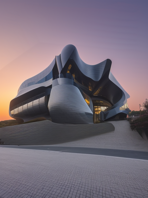 Building, designed by Zaha Hadid, Neofuturist Architecture, at sunset, in Istanbul