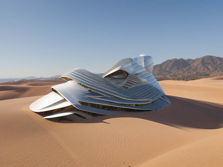 Building, designed by Zaha Hadid, Neofuturist Architecture, in the afternoon, in the desert