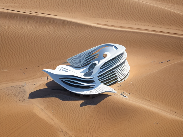 Building, designed by Zaha Hadid, Neofuturist Architecture, in the afternoon, in the desert