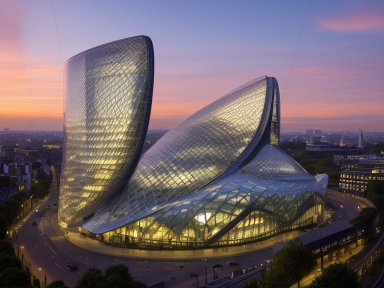 Building, designed by Norman Foster, Modern Architecture, at sunset, in London