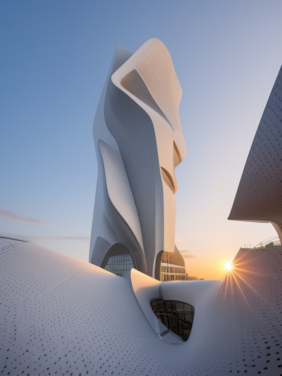 Tower, designed by Zaha Hadid, Brutalist Architecture, Parametric Architecture, at sunset, in London