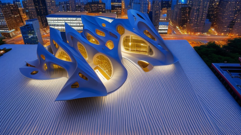 Building, designed by Zaha Hadid, Brutalist Architecture, at night, in New York
