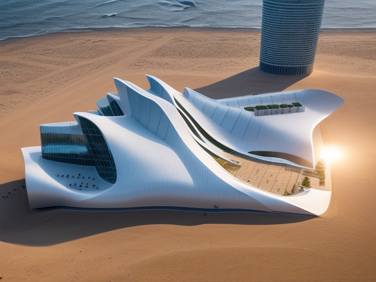 Building, designed by Zaha Hadid, Neofuturist Architecture, at sunset, on the beach