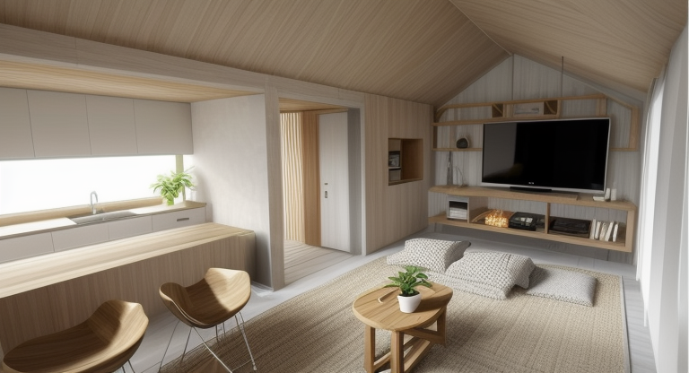 Living Room, Zen design, serene and tranquil, minimalistic and uncluttered, neutral colour palette, natural materials, bamboo and stone, low and comfortable seating, clean and straight lines, incorporation of natural elements, water and plants, a sense of balance and harmony