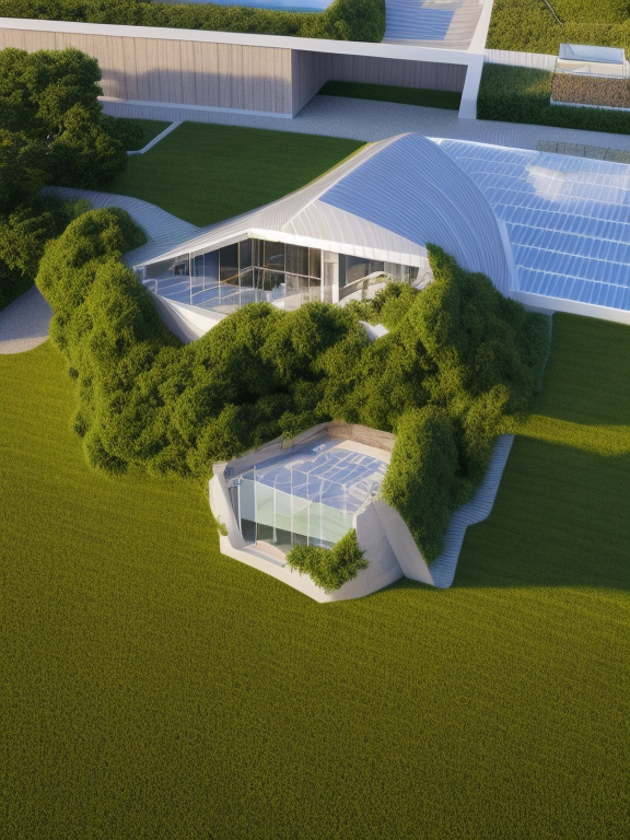 A house design by Rem Koolhas over green landscape.  Brutalist Architecture.Air photo, Villa, designed by Rem Koolhas, Brutalist Architecture, at sunset, in the ocean, in the forest, designed by Philip Johnson, Modern Architecture