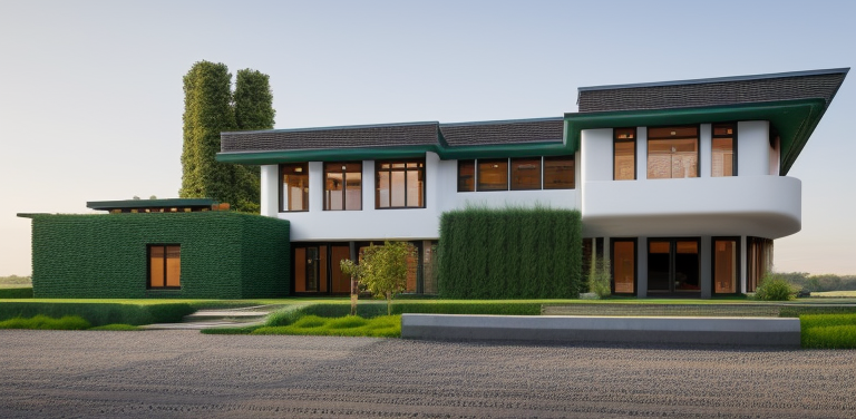 Industrial English House In a Green Enviroment , designed by Frank Lloyd Wright, in the morning