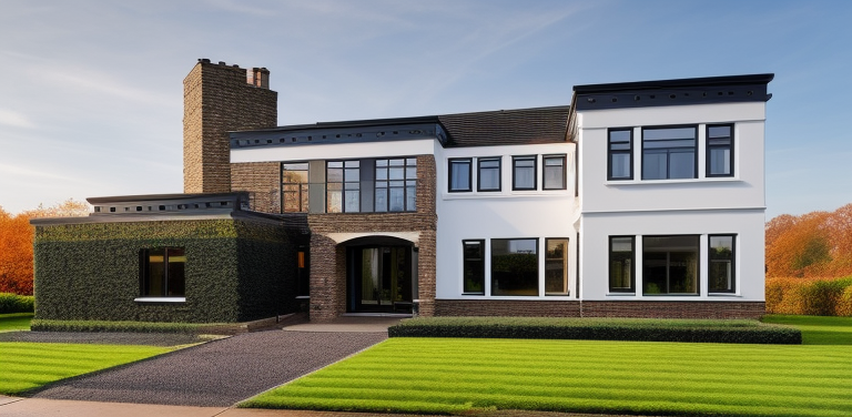 1920's Industrial english brick mansion house with black windows and brick moldings, materials limited to brick and black iron, in London suburbs with maple trees in autumn 