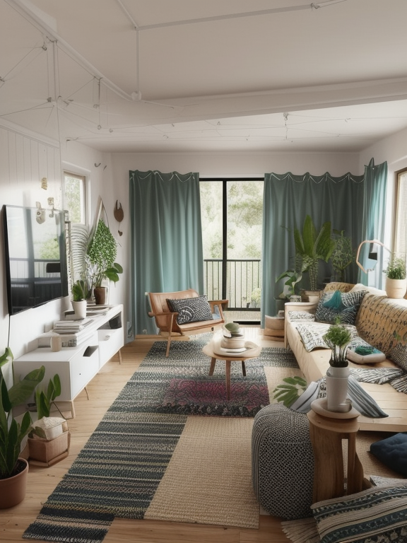 Ultra minimalist boho style, Living Room, Bohemian design, electric and free-spirited, mix of patterns and colours, relaxed look, natural materials, vintage and human made elements