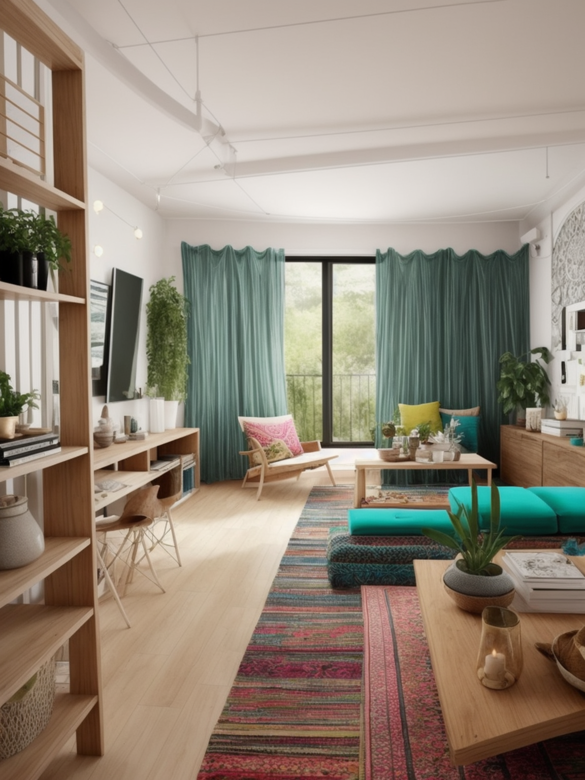 Ultra minimalist boho style, Living Room, Bohemian design, electric and free-spirited, mix of patterns and colours, relaxed look, natural materials, vintage and human made elements