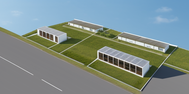 housing complex, in the afternoon, Modern Architecture, designed by Philip Johnson, in a field