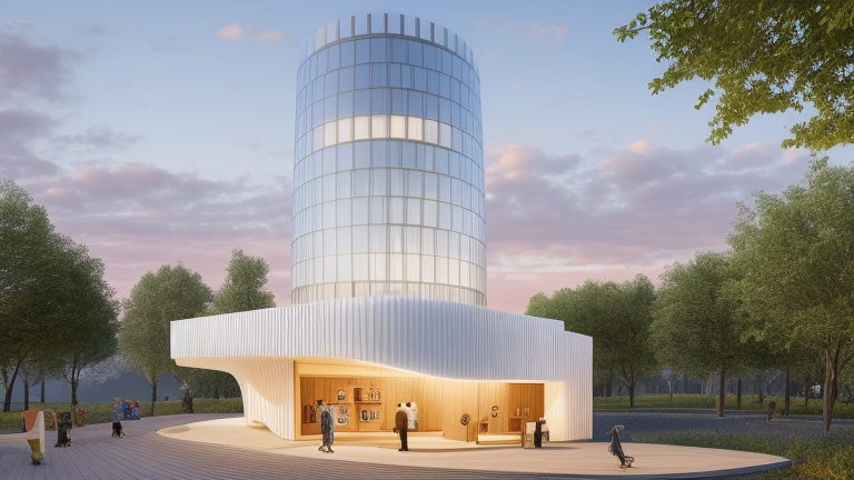 Public Lybrary, designed by Bjarke Ingels, in the morning, in Barcelona, Neofuturist Architecture, beutiful, soft lights, 