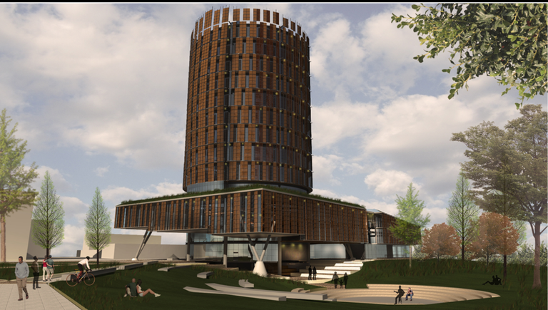 Public Lybrary, 14 floors designed by Bjarke Ingels, in the morning, in Barcelona, Neofuturist Architecture, beutiful, soft lights, 
