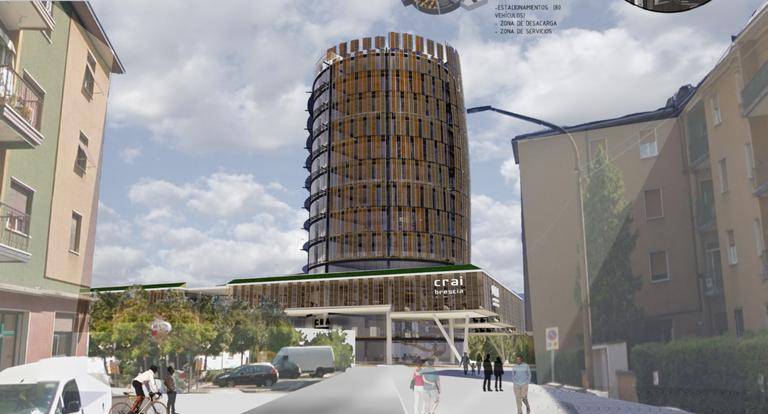 Public Lybrary, 14 floors designed by Bjarke Ingels, in the morning, in Barcelona, Neofuturist Architecture, beutiful, soft lights, 