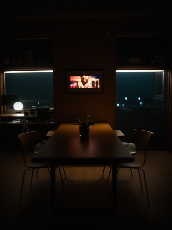 Wide, Morning, Close up, night time, dark studio, rim lighting, two tone lighting, dimly lit, Wide, Morning