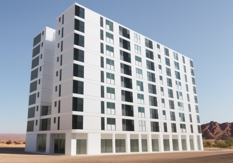 Fachada de colores amarillos y blancos, Modern Architecture, in the morning,, in the desert