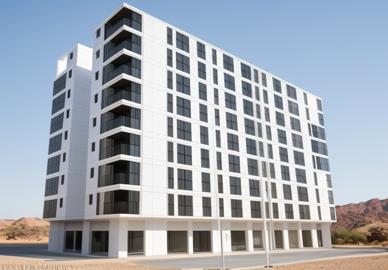 Fachada de colores amarillos y blancos, Modern Architecture, in the morning,, in the desert