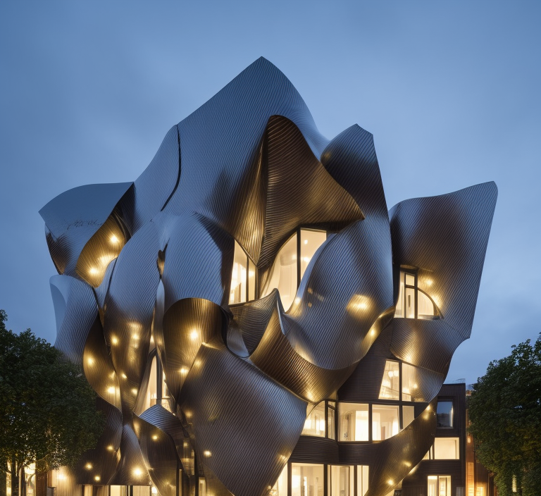 Townhouse, designed by Mies Van der Rohe, designed by Frank Gehry, Brutalist Architecture, Parametric Architecture, at night, in Paris