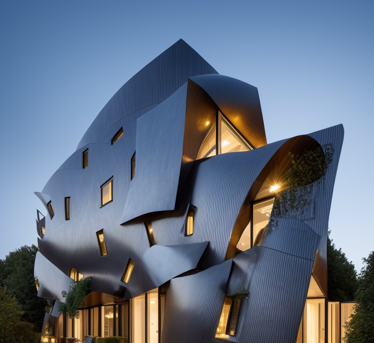 Townhouse, designed by Mies Van der Rohe, designed by Frank Gehry, Brutalist Architecture, Parametric Architecture, at night, in Paris