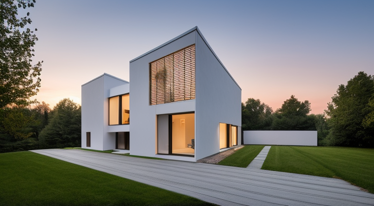 Townhouse, designed by Philip Johnson, Scandinavian architecture, at sunset, in the forest, designed by Eero Saarinen, Villa, Modern Architecture