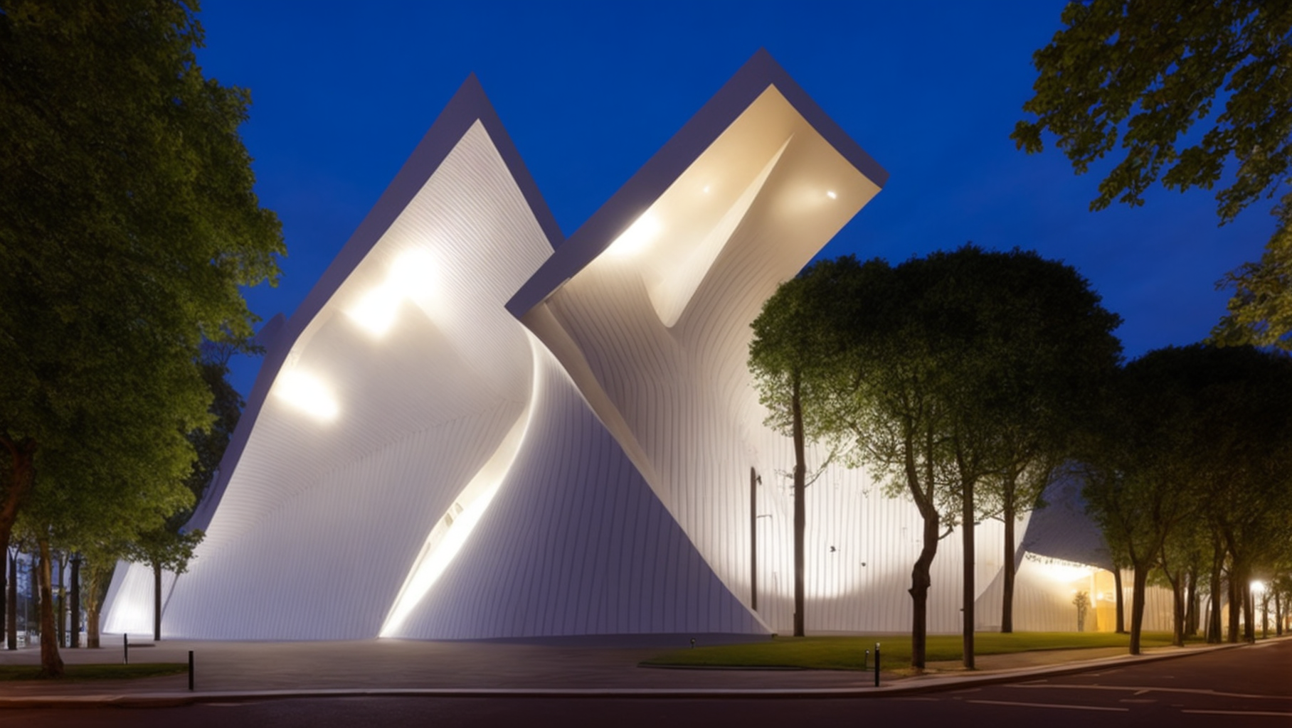 Neofuturist Architecture, Museum, designed by Oscar Niemeyer, at night, in London