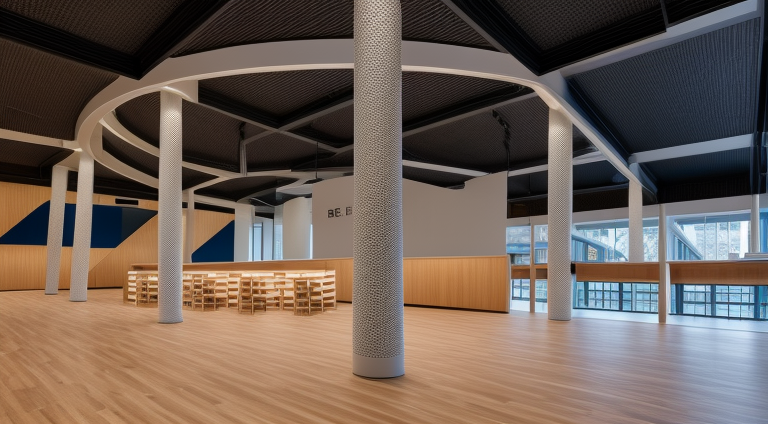 Interior of a public Library, design by Rem Koolhas, De Stijl architecture, at night, in the forest, HD, Beautiful, HD, soft lights