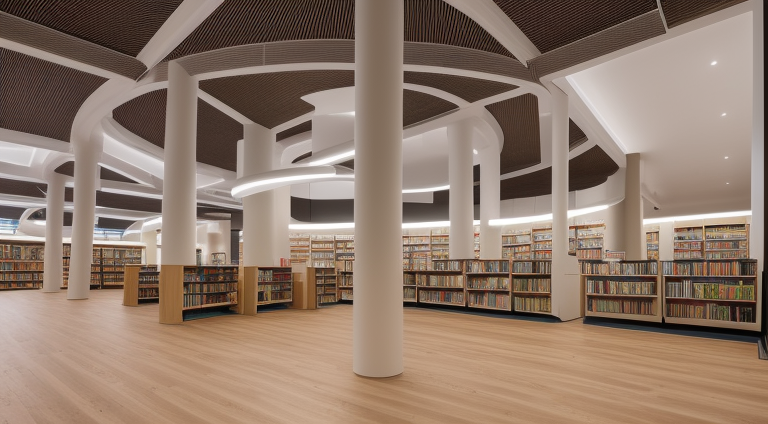 Interior of a public Library, design by Rem Koolhas, De Stijl architecture, at night, in the forest, HD, Beautiful, HD, soft lights