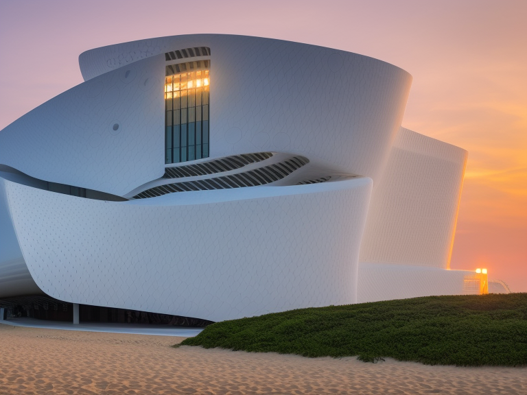 Museum, designed by Zaha Hadid, at sunset, on the beach