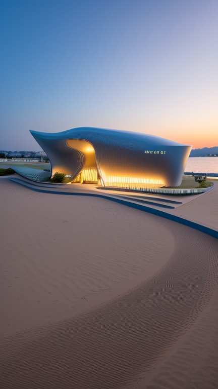 Museum, designed by Zaha Hadid, at sunset, on the beach