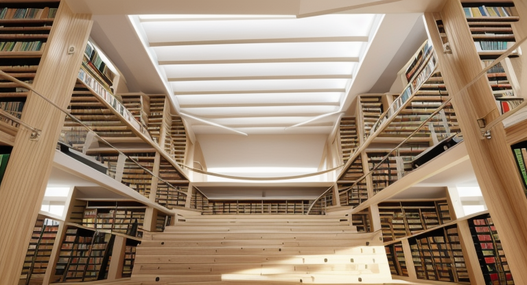interior of a lybrary,, Contemporary design, clean lines, minimalist aesthetic, functionality, open uncluttered spaces, neutral colour palette