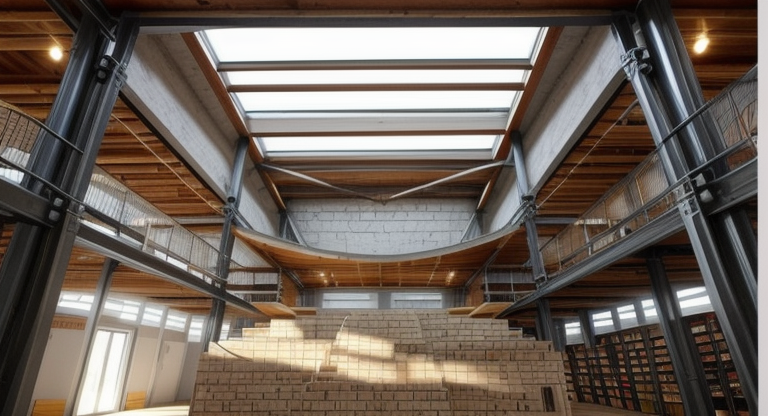 interior of a lybrary, Industrial design, raw and unfinished look, exposed brick walls, concrete floors, metal accents, utilitarian aesthetics, salvaged or repurposed materials, open floor plans