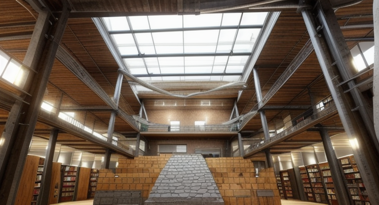 interior of a lybrary, Industrial design, raw and unfinished look, exposed brick walls, concrete floors, metal accents, utilitarian aesthetics, salvaged or repurposed materials, open floor plans