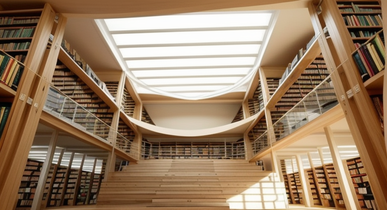 interior of a lybrary,, Minimalist design, simple lines, limited furniture, open floor, natural light, uncluttered space