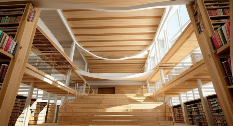 interior of a lybrary,, Minimalist design, simple lines, limited furniture, open floor, natural light, uncluttered space