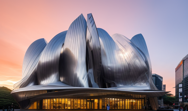 designed by Frank Gehry, Parametric Architecture, designed by Zaha Hadid, at sunset, in Tokyo, in Berlin