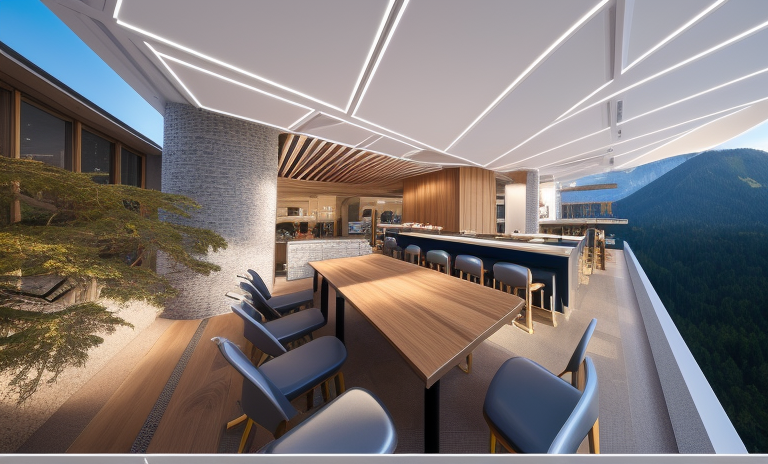 Bar, designed by Norman Foster, Modern Architecture, in the morning, in the mountains