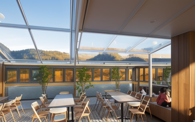 Bar, designed by Norman Foster, Modern Architecture, in the morning, in the mountains, Cafe, designed by Alvar Aalto