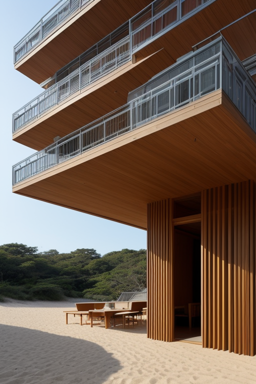 STUDIO APARTMENT, Museum, designed by Tadao Ando, Neofuturist Architecture, in the morning, on the beach, Mid Rise, designed by Frank Lloyd Wright, Parametric Architecture