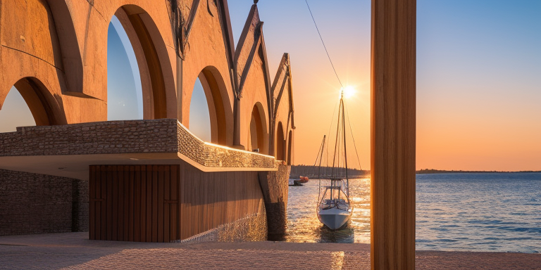 walls with brick arches, wooden boat, , at sunset
