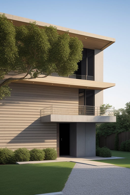 2 rectangular prisms 9 meters wide by 4 meters high and 6 meters deep, aligned on the front and rear axes and separated by 9 meters, Villa, designed by Louis Kahn, Brutalist Architecture, in the morning, in London