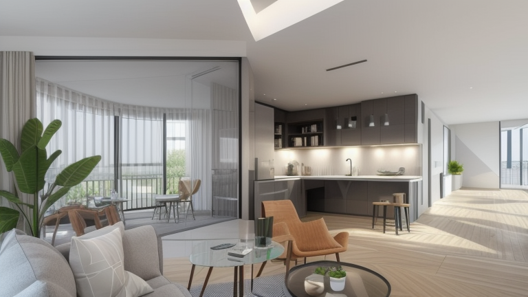Kitchen, Modern design, clean lines, geometric shapes, neutral colour panel, simplicity and functionality, use of glass, steel, concrete